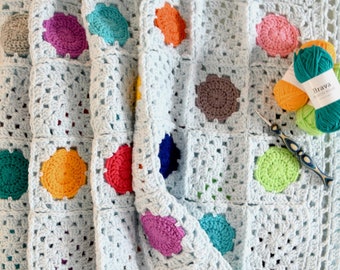 Granny Square CROCHET BLANKET PATTERN / Join As You Go Motif Afghan / Beginner Colorwork Blanket / Afghan / Modern Crochet Blanket / +Video