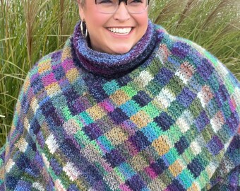 CROCHET PONCHO PATTERN / Colorful Pullover Poncho / Gingham Stitch / Checkerboard Crochet / Comfy Crochet / Video Tutorial / Size Inclusive