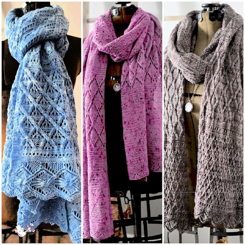 A colorful display of three intricate lace knit shawls in shades of blue, pink, and brown, elegantly draped over mannequin busts to showcase the patterns and craftsmanship as unique handmade gifts. Stitch Switch vol 2 knit shawl collection Marly Bird