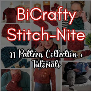 May include: A collection of 11 knitting patterns and tutorials featuring a variety of projects, including a red sweater, a teal scarf, and a red hat. The text "BiCrafty Stitch-Nite" is displayed in large red letters.