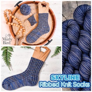 A collage showing blue ribbed knit socks displayed with yarn, wooden beads, a plant, and skeins of blue variegated yarn—perfect as a handmade gift. Text reads "SKYLINE Ribbed Knit Socks.