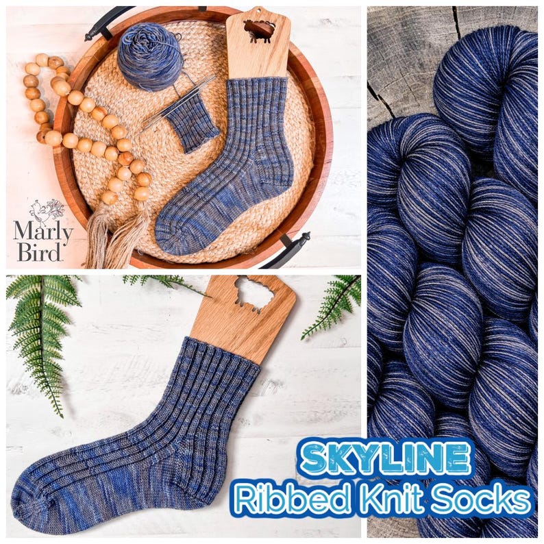 A collage showing blue ribbed knit socks displayed with yarn, wooden beads, a plant, and skeins of blue variegated yarn—perfect as a handmade gift. Text reads "SKYLINE Ribbed Knit Socks.