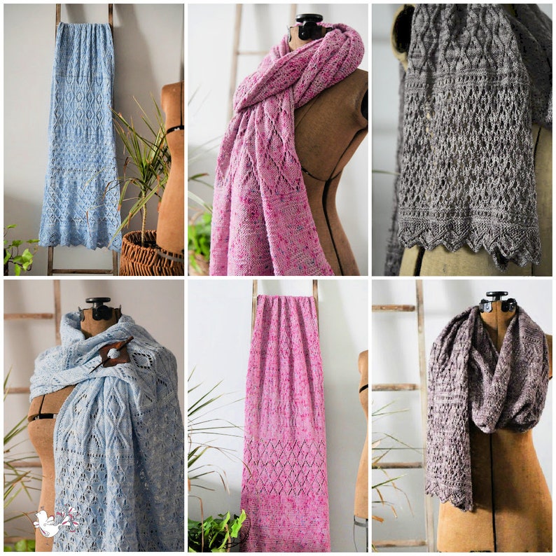 A colorful display of three intricate lace knit shawls in shades of blue, pink, and brown, elegantly draped over mannequin busts to showcase the patterns and craftsmanship as unique handmade gifts. Stitch Switch vol 2 knit shawl collection Marly Bird