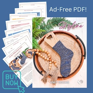 A promotional image for an ad-free PDF knitting pattern called "Skyline Knit Socks," showing a printed pattern, a knitted blue sock on a wooden tray, beads like unique jewelry, greenery, and a "BUY NOW" button.