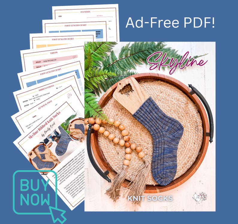 A promotional image for an ad-free PDF knitting pattern called "Skyline Knit Socks," showing a printed pattern, a knitted blue sock on a wooden tray, beads like unique jewelry, greenery, and a "BUY NOW" button.