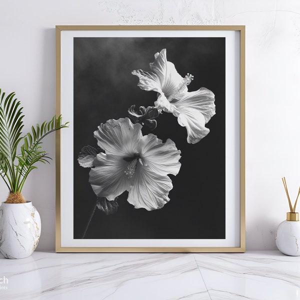 Hibiscus Flowers Photo in Black and White, Floral Wall Art, Hibiscus Flowers, High Definition Photo, Large Digital Print, Instant Download