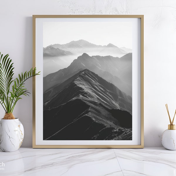 Photo de collines et de chaînes de montagnes noir et blanc, belle photo de paysage, art mural minimaliste, impression numérique, téléchargement immédiat