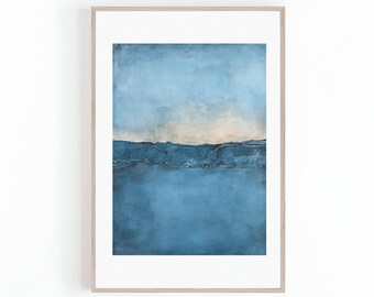 May include: Abstract painting in shades of blue with a horizontal line of darker blue across the middle. The painting is framed in a light wood frame.