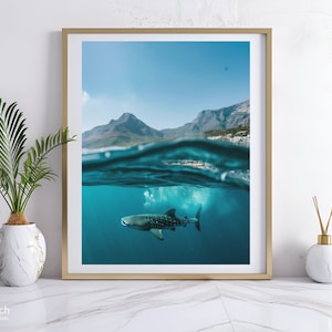 Op de afbeelding: Ingelijste print met een gesplitst beeld van de oceaan en de lucht. Het onderwatergedeelte toont een walvishaai die zwemt in turquoise water. Boven de waterlijn is een bergketen zichtbaar onder een heldere blauwe lucht. De print zit in een gouden lijst.