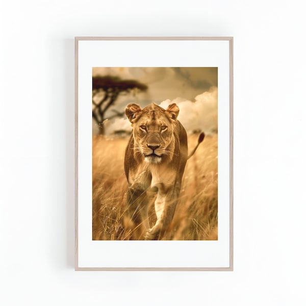 Foto von Löwin in der afrikanischen Savanne, Löwe Foto, Safari Tier, Wandkunst, großes Poster, Digitaldruck, Sofort Download