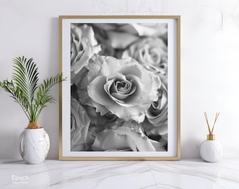 May include: A black and white photograph of a bouquet of roses. The roses are in full bloom and the petals are soft and delicate. The image is framed in a gold frame.