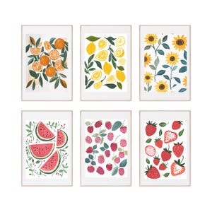 Fruit Gallery Wall, Set of 6 Illustration Prints, Colorful Kitchen Art, Botanical Fruit Art, Fruit Poster Set, Lemon Print, Digital Print