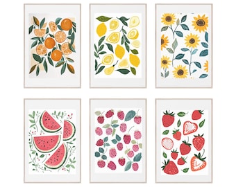 Fruit Gallery Wall, Set of 6 Illustration Prints, Colorful Kitchen Art, Botanical Fruit Art, Fruit Poster Set, Lemon Print, Digital Print