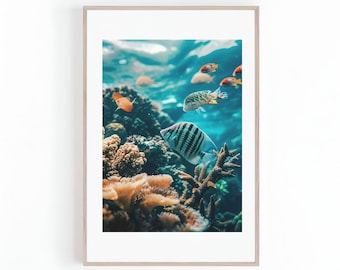 May include: A colourful underwater scene with coral reefs and fish. The fish are swimming in the blue water, and the coral is a variety of colours, including orange, yellow, and green.