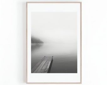 Black and White Photograph of Dock on Lake, Scenic Photos, Wall Arts, Large Posters, Lakeside Photos, Digital Print, Instant Download