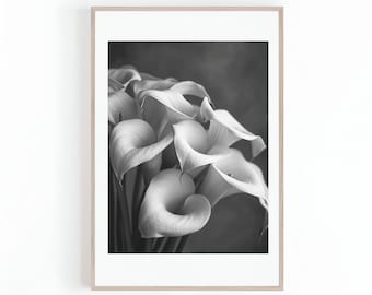May include: Black and white photograph of a framed print featuring a bouquet of calla lilies. The flowers are in full bloom, with their elegant, trumpet-shaped petals prominently displayed. The image is set against a dark background.