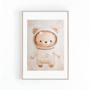Adorable ilustración de oso astronauta para habitación infantil, arte mural para habitación infantil, arte mural neutro, descarga instantánea, impresión digital.