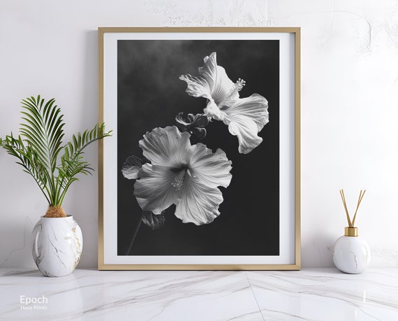 Hibiscus Flowers Photo in Black and White, Floral Wall Art