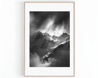 Black and White Photo of Swiss Alps Mountain Range, Beautiful Landscape Photo, Hiking Photos, Wall Art, Digital Print, Instant Download