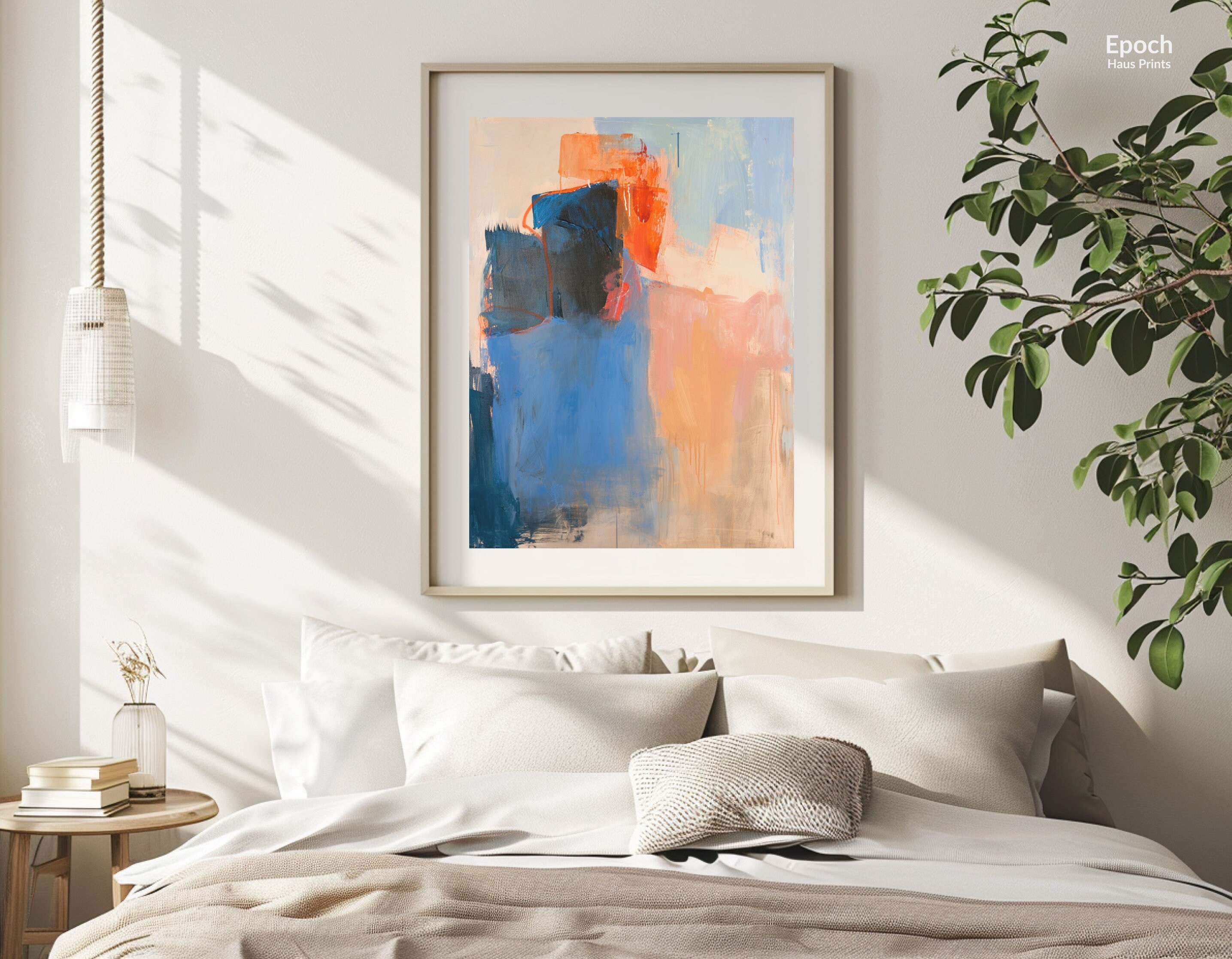 Abstract Oil Painting of Blue and Orange Squares on Canvas, Modern Home ...