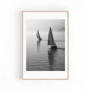 Photo of Sailing Boats in Black and White, Beach or Lake House Art, Sailboat Artwork, Minimalist Wall Art, Digital Print, Instant Download