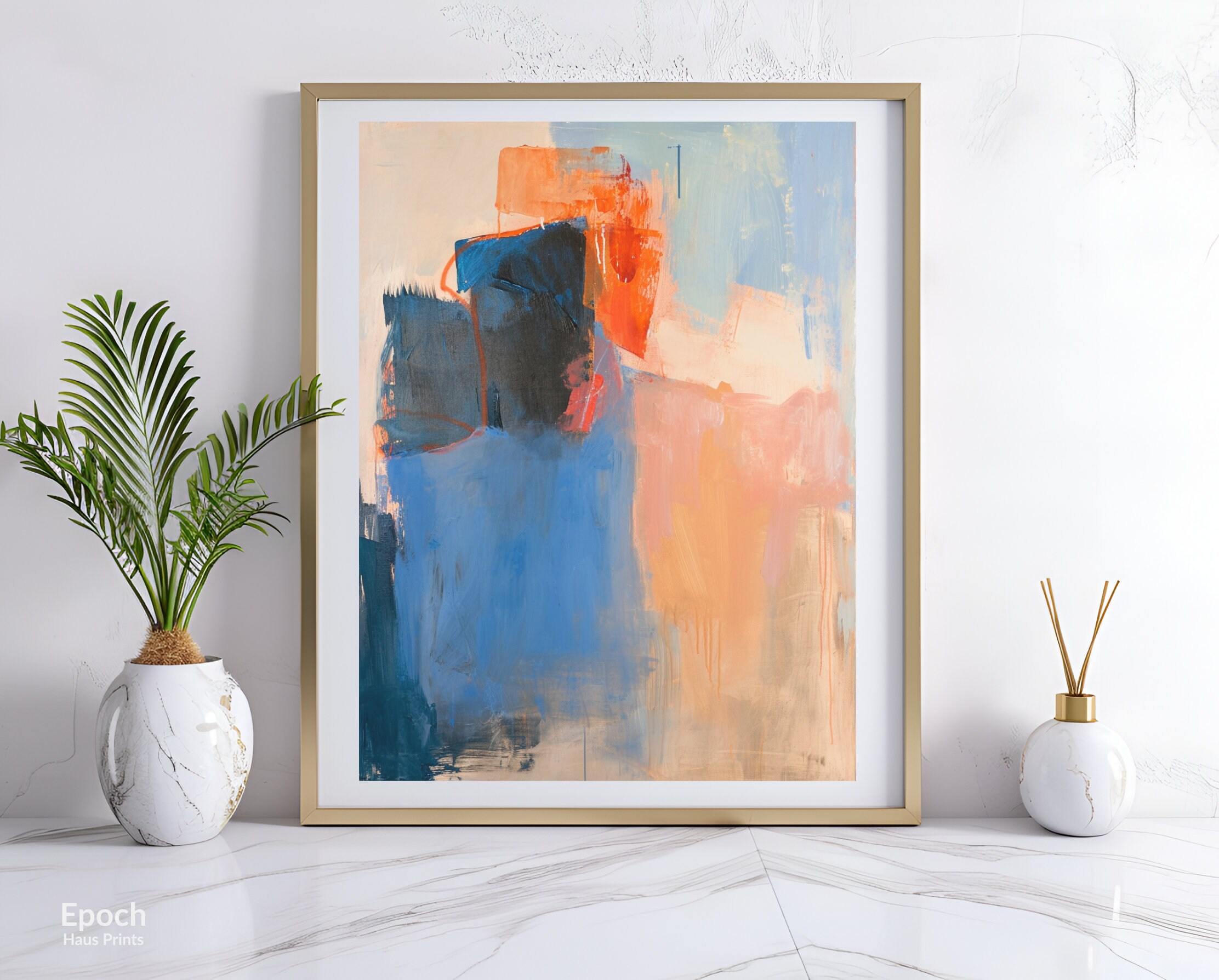 Abstract Oil Painting of Blue and Orange Squares on Canvas, Modern Home ...