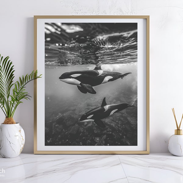 Black and White Photograph of Orca Whale, Orca Whale Photo, Marine Animals, Killer Whale, Ocean Photography, Digital Print, Instant Download