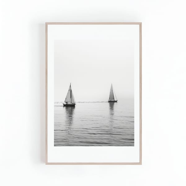 Photo of Sailing Boats in Black and White, Beach or Lake House Art, Minimalist Wall Art, Digital Print, Instant Download