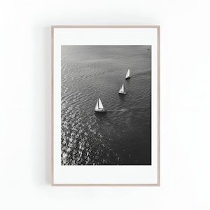 Photo of Sailing Boats in Black and White, Beach or Lake House Art, Sailboat Artwork, Minimalist Wall Art, Digital Print, Instant Download