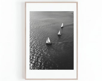 Photo of Sailing Boats in Black and White, Beach or Lake House Art, Sailboat Artwork, Minimalist Wall Art, Digital Print, Instant Download