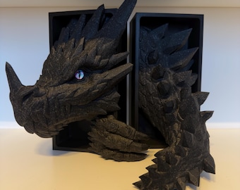 Crystal Dragon BookNook Set | Dragon Skull & Tail Bookend Fantasy Shelf Decor | Glitter Black Dragon | Bookish Gift Booktok