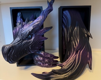 Shadow Dragon BookNook Set | Black and Purple Dragon Bookend Shelf Fantasy | BookTok Decor | Bookish Gift | Dragon Head & Tail