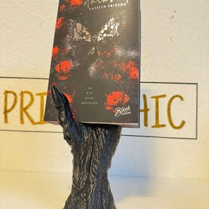 Könnte beinhalten: Eine schwarze Hand hält ein Buch mit dem Titel "Darkside" von Katelyn Erikson. Der Buchumschlag zeigt einen schwarzen Schmetterling mit silbernem Glitzer auf einem dunklen Hintergrund mit roten Rosen. Das Buch ist eine schwarze Ausgabe.