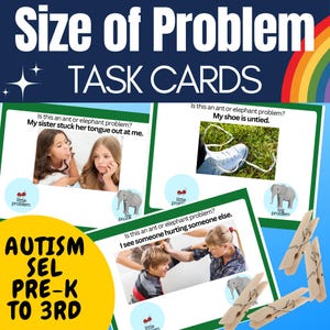 Może przedstawiać: Edukacyjne karty zadań zatytułowane "Size of Problem" z tekstem "TASK CARDS". Karty zawierają scenariusze identyfikujące wielkość problemu, z obrazami i tekstem. Karty są przeznaczone dla autyzmu SEL od przedszkola do 3 klasy.