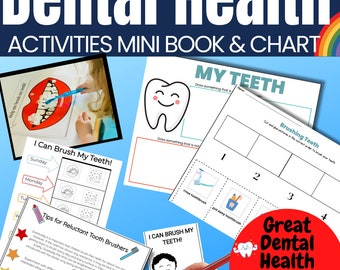 Pode incluir: Um recurso imprimível colorido para ensinar crianças sobre saúde dentária. O recurso inclui um mini livro, um gráfico e atividades como desenhar, colorir e sequenciar. O texto no recurso inclui "Saúde dentária", "Meus dentes", "Escovar os dentes", "Eu posso escovar os dentes" e "Dicas para escovas de dentes relutantes".