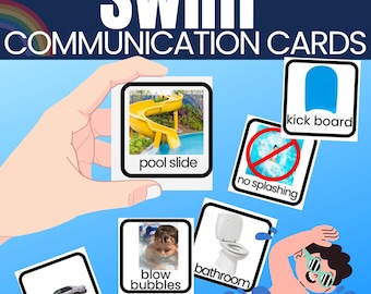 Può includere: Un set di schede di comunicazione colorate per le lezioni di nuoto. Le schede presentano immagini e testo come "scivolo d'acqua", "tavola per nuotare", "non schizzare", "soffiare bolle", "bagno" e "tornare a casa".
