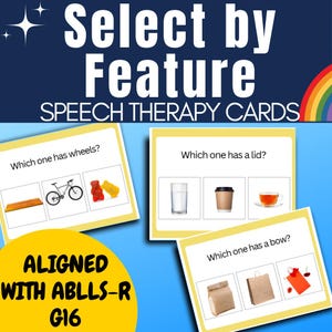 May include: Three speech therapy cards with yellow backgrounds and white borders. The first card has the text "Which one has wheels?" and shows a picture of a bicycle, a wooden plank, and two gummy bears. The second card has the text "Which one has a lid?" and shows a picture of a glass of water, a coffee cup with a lid, and a cup of tea with a lid. The third card has the text "Which one has a bow?" and shows a picture of a brown paper bag, a white paper bag, and a red gift bag with a bow.