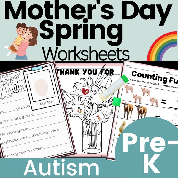 Spring May & Mother's Day Preschool Pre-K Early Learner Worksheets for Special Education