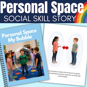 May include: A spiral-bound educational book titled Personal Space My Bubble featuring photographs of children in a classroom setting. The pages illustrate the concept of personal space with children inside transparent bubbles and text.