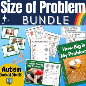 May include: A collection of educational materials for autism social skills, including workbooks and matching games. The title "Size of Problem Bundle" is displayed in large white letters. The materials feature illustrations and the text "How Big is My Problem?"