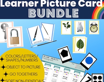 May include: A set of colorful picture cards for early learners. The cards feature images of common objects, such as a key, a lock, a paintbrush, a leaf, a cat, and a clock. The cards are designed to help children learn basic skills, such as colors, letters, shapes, and numbers. The cards also include activities such as object to picture, go togethers, sort non-identicals, and sort by function.