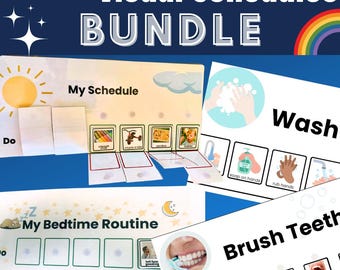 May include: A set of visual schedules for home use. The set includes a daily schedule, a bedtime routine, a wash routine, and a brush teeth routine. Each routine has a series of pictures to help children understand the steps involved.