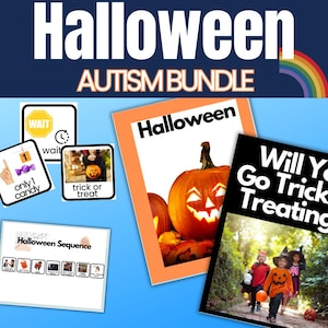 Paquete de tarjetas de truco o trato e historia social de Halloween, ideal para niños en edad preescolar con autismo y TDAH