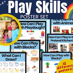 May include: A poster set titled "Play Skills" with 12 different educational posters. The posters feature colorful illustrations and text, including "How Can I Play with Playdough?" and "How Can I Play with Blocks?"