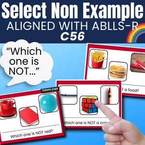 May include: A worksheet with three different images on each page. The first page has a red cup, a red notebook, and a blue ball. The second page has a red crayon, a pencil, and a colourful cube. The third page has a plate of pancakes, a plate of chips, and a red napkin with a fork.