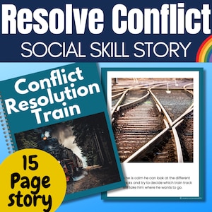 Könnte beinhalten: Ein blauer und gelber Buchumschlag mit dem Titel "Conflict Resolution Train" und einem Bild eines Zuges, der durch einen Wald fährt. Das Buch ist 15 Seiten lang und eine soziale Kompetenzgeschichte.