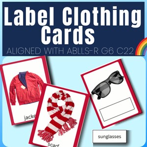 Etiquetar tarjetas con imágenes de ropa para autismo Aba alineadas con ABLLS-R C22 y G6