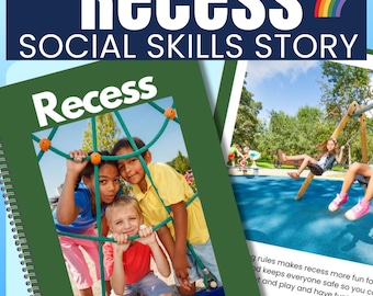 Könnte beinhalten: Ein grünes Spiralbuch mit dem Titel "Recess" mit einem Foto von Kindern auf Spielplatzgeräten. Das Cover zeigt das Wort "Recess" in Weiß. Das obere Banner lautet "Recess SOCIAL SKILLS STORY" mit einem Regenbogen.