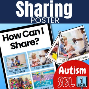 May include: A sharing poster with the title "Sharing POSTER" in white text on a dark blue background. The poster includes the text "How Can I Share?" and images with captions like "I can play with my friend" and "I can trade."