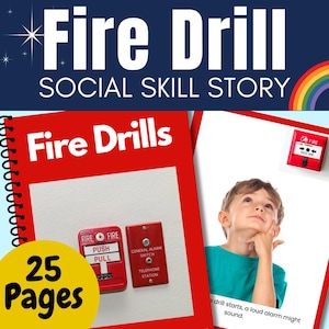 May include: A red and white book titled "Fire Drills" with a spiral binding. The book has 25 pages and features illustrations of fire alarms and a child looking up at a fire alarm. The book is a social skill story for children.